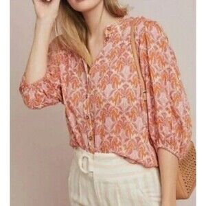 Maeve by Anthropologie 3/4 Sleeves Elastic Balloon Sleeve V Neck Size 6